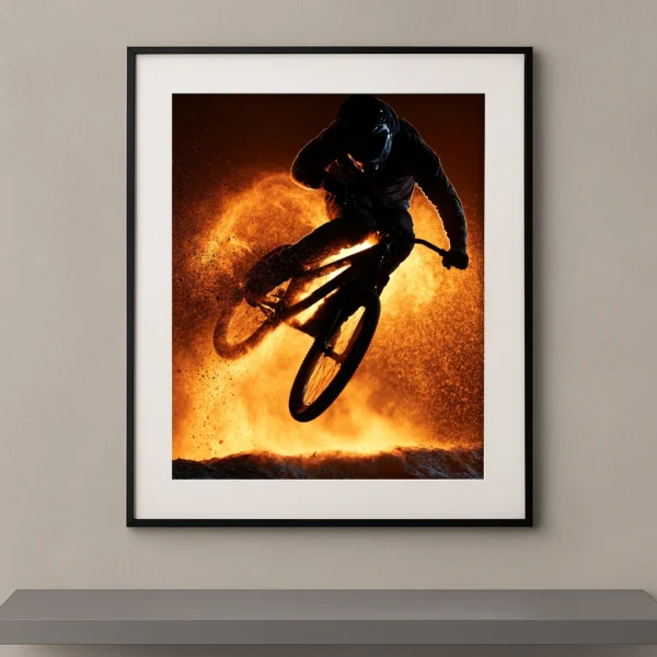 Tableau mural silhouette d'un rider BMX en pleine figure aérienne dans une explosion de poussière dorée