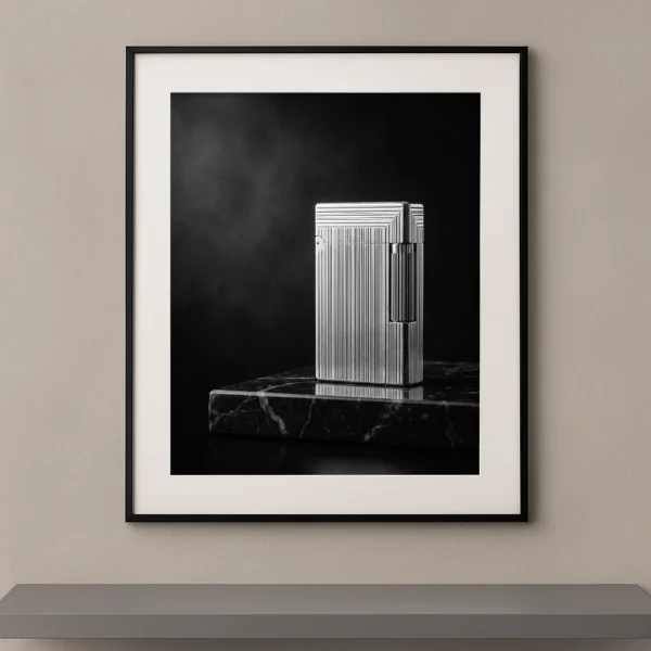 Tableau noir et blanc d'un briquet Cartier iconique posé sur un socle en marbre