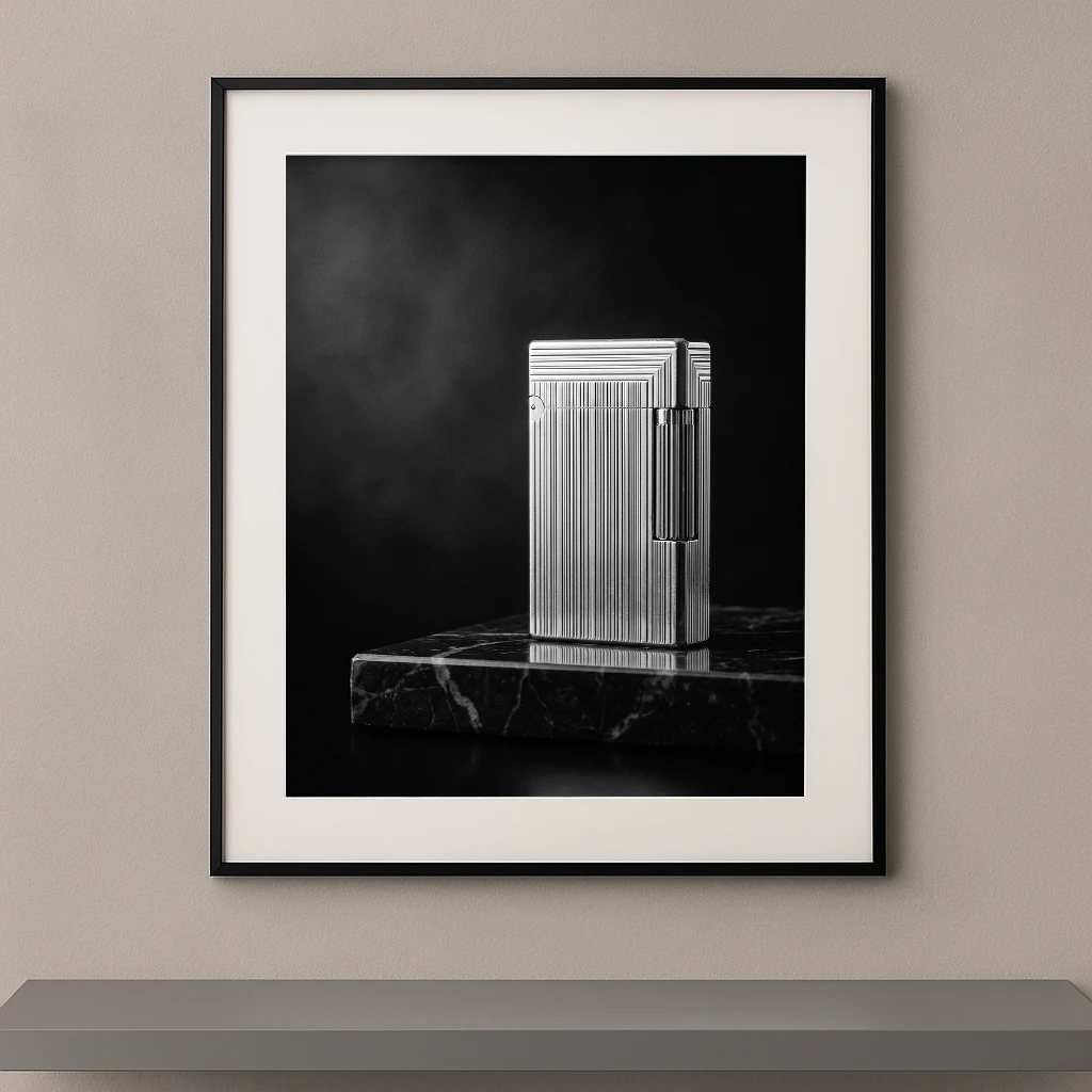 Tableau noir et blanc d'un briquet Cartier iconique posé sur un socle en marbre