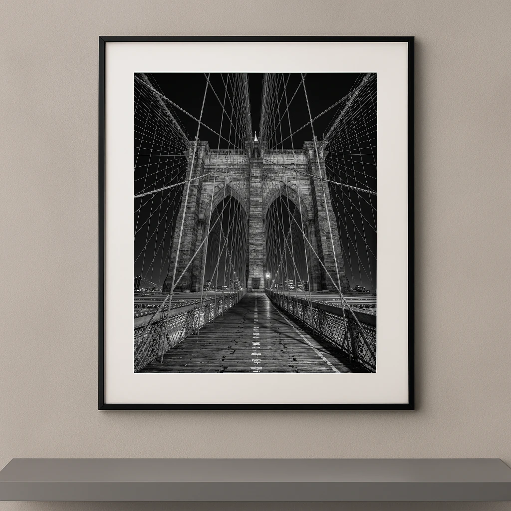 Tableau noir et blanc du Brooklyn Bridge photographié de nuit en perspective symétrique