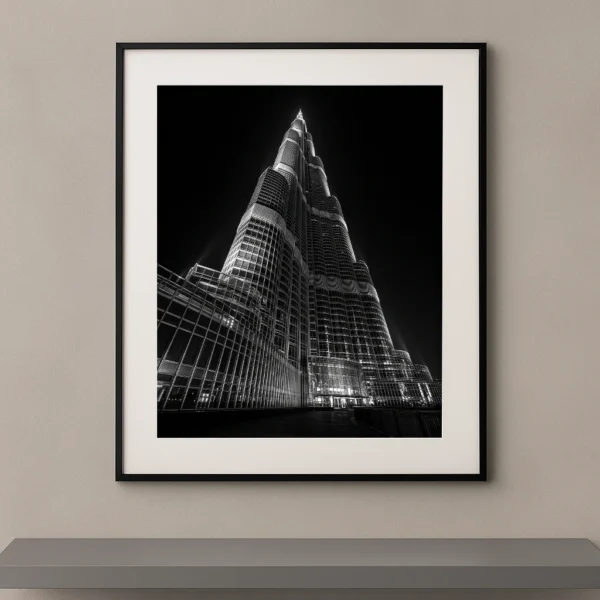 Tableau noir et blanc du Burj Khalifa photographié en contre-plongée spectaculaire