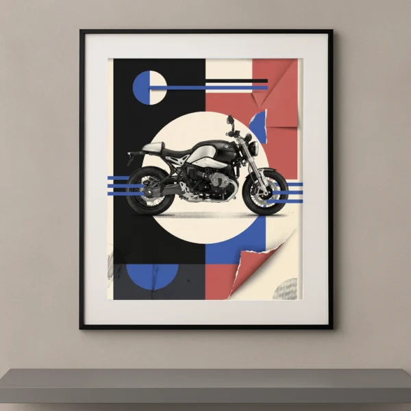 Tableau Bauhaus Boxer représentant une BMW R nineT sur une composition graphique inspirée du Bauhaus avec formes géométriques et collage contemporain.