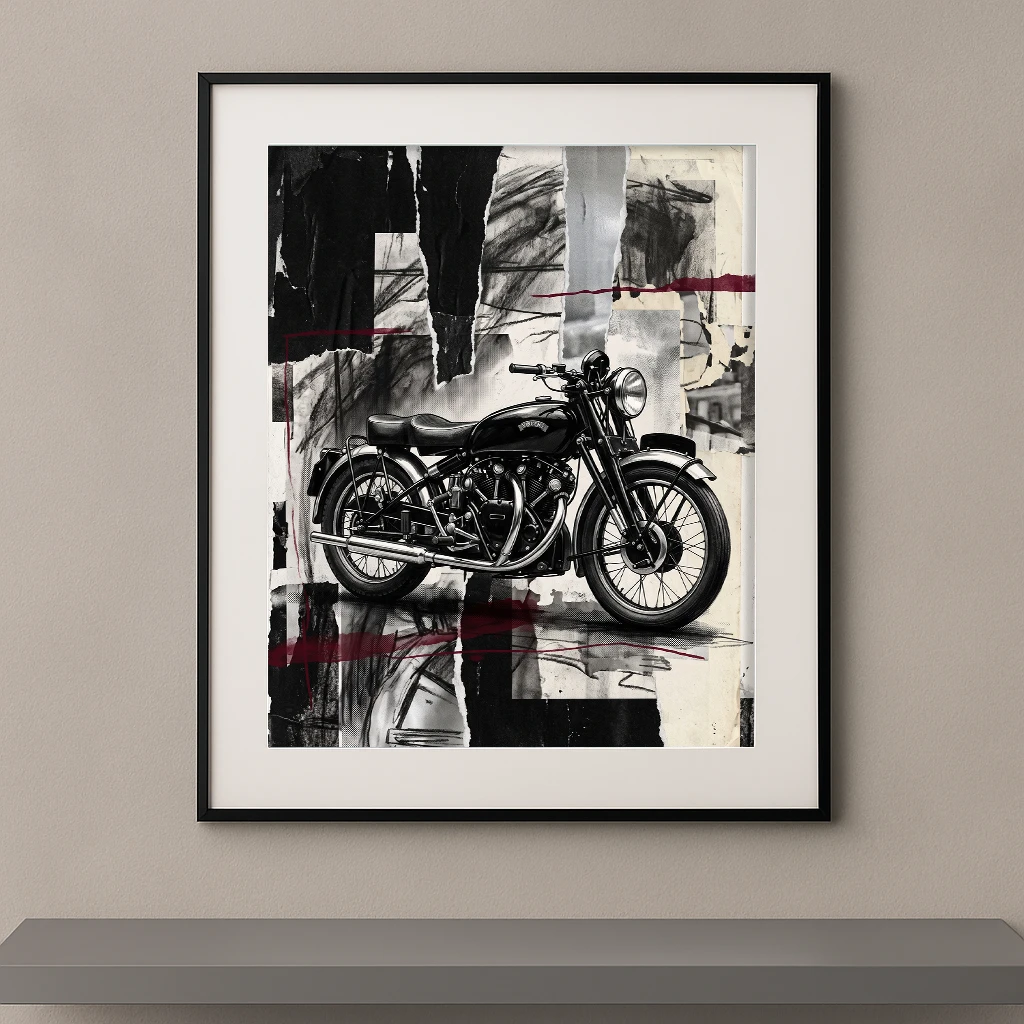 Tableau Black Shadow Legacy représentant une Vincent Black Shadow vintage dans une composition artistique noir et blanc avec collages contemporains et textures graphiques.