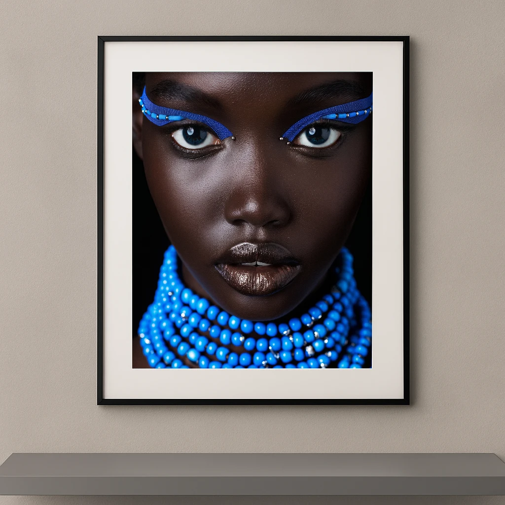 Portrait artistique de beauté ethnique avec maquillage bleu graphique, colliers de perles bleues et regard intense sur fond noir.