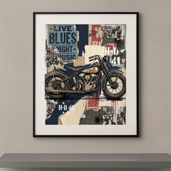 Tableau Blue Highway 41 représentant une Harley-Davidson vintage dans un collage artistique mêlant affiches blues, textures urbaines et esprit américain rétro.