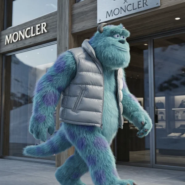 Blue Monster – Alpine Street Luxe, personnage à fourrure bleue devant une boutique de mode hivernale, art mural premium
