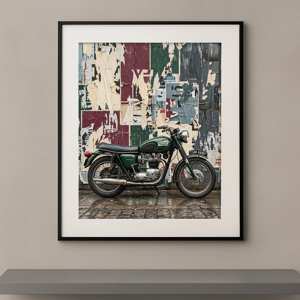 Tableau Bonneville Heritage représentant une Triumph Bonneville vintage devant un mur d'affiches anciennes déchirées dans une ambiance urbaine inspirée de Londres.