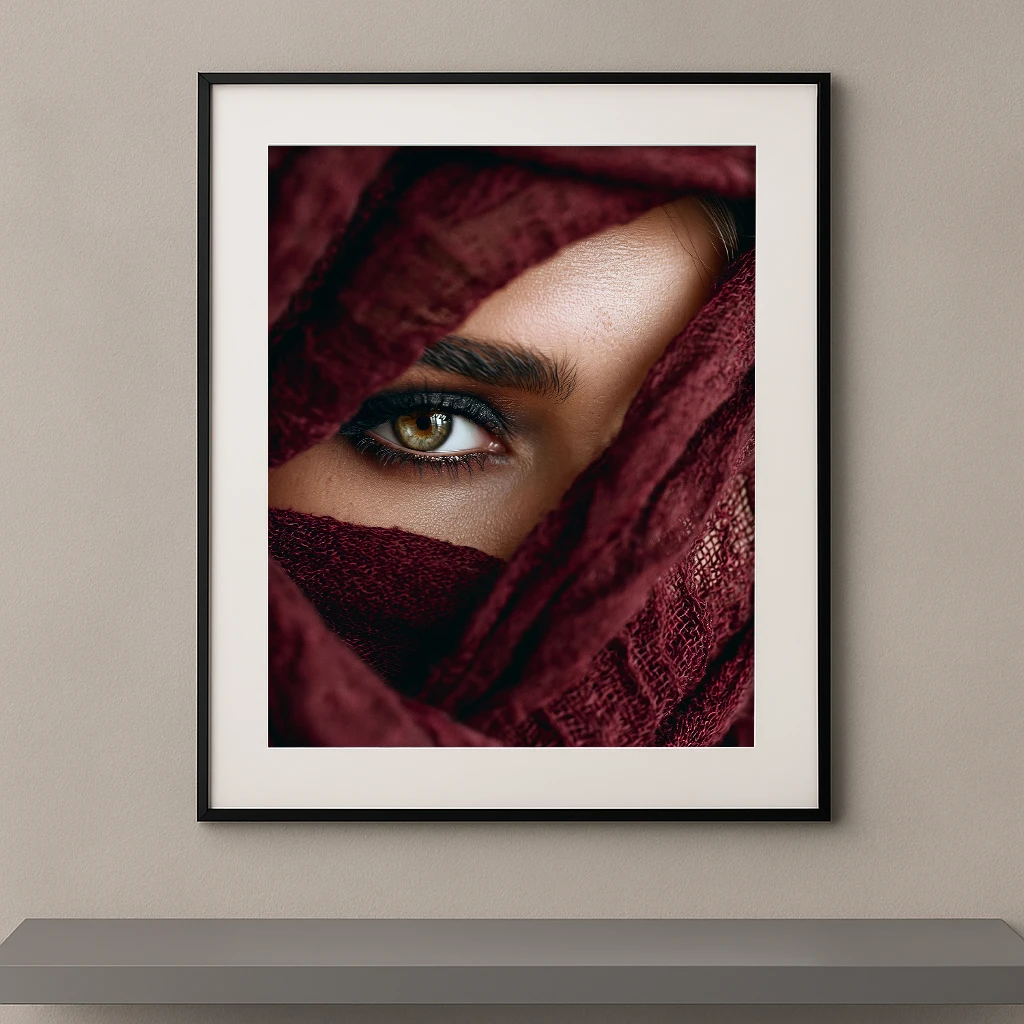 Portrait artistique d'un regard vert émeraude apparaissant derrière un voile bordeaux dans un style photographique Fine Art contemporain.