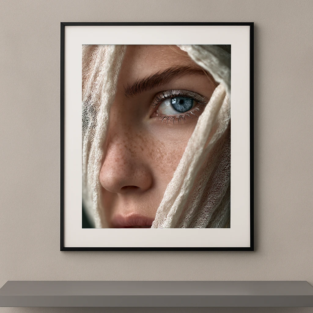 Portrait artistique d'une femme au regard bleu cristallin apparaissant derrière un voile ivoire dans un style photographique contemporain.