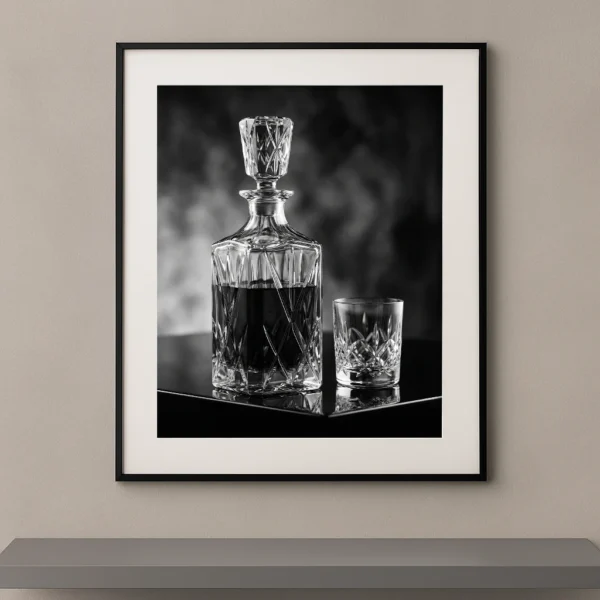 Tableau noir et blanc d’une carafe en cristal Baccarat accompagnée d’un verre