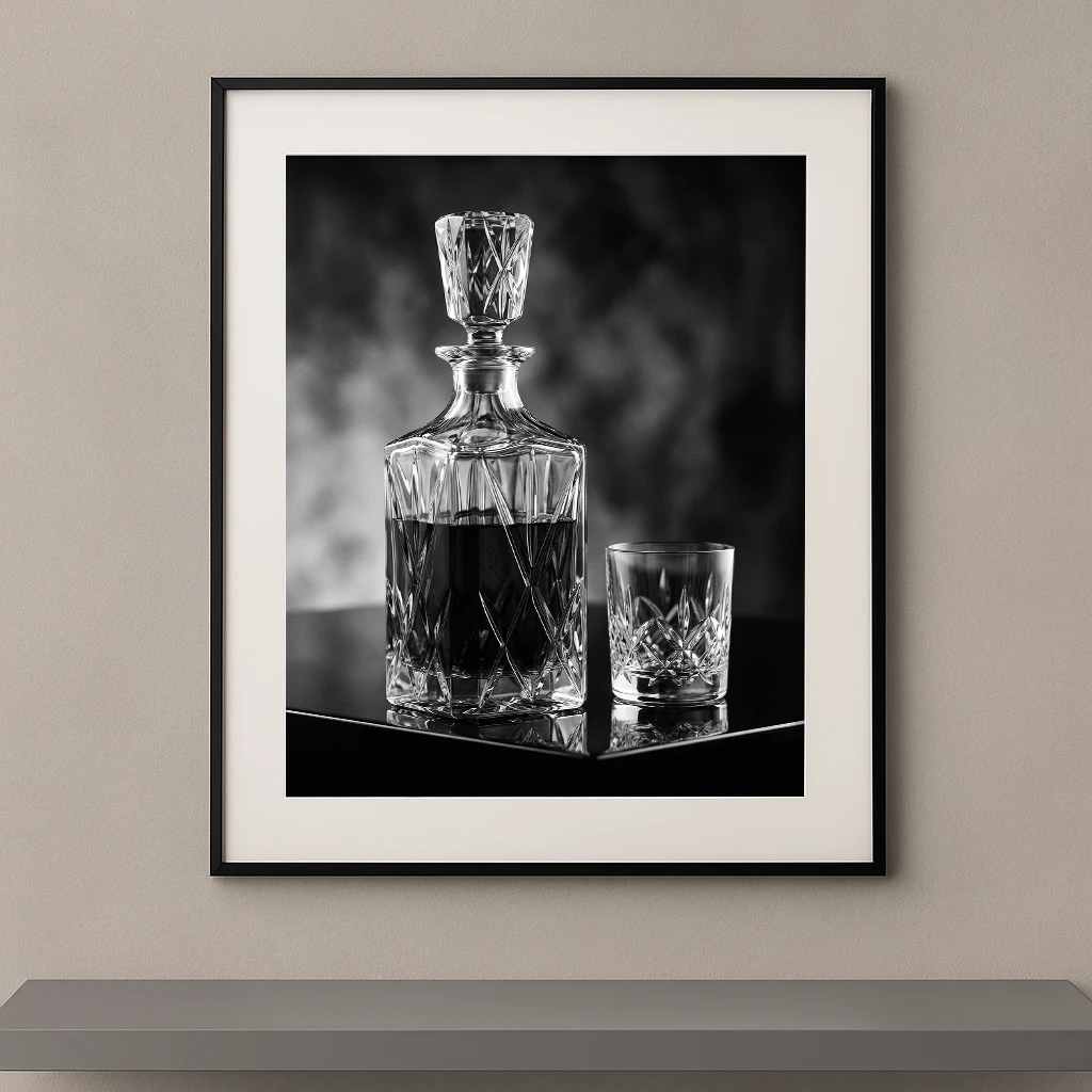 Tableau noir et blanc d’une carafe en cristal Baccarat accompagnée d’un verre