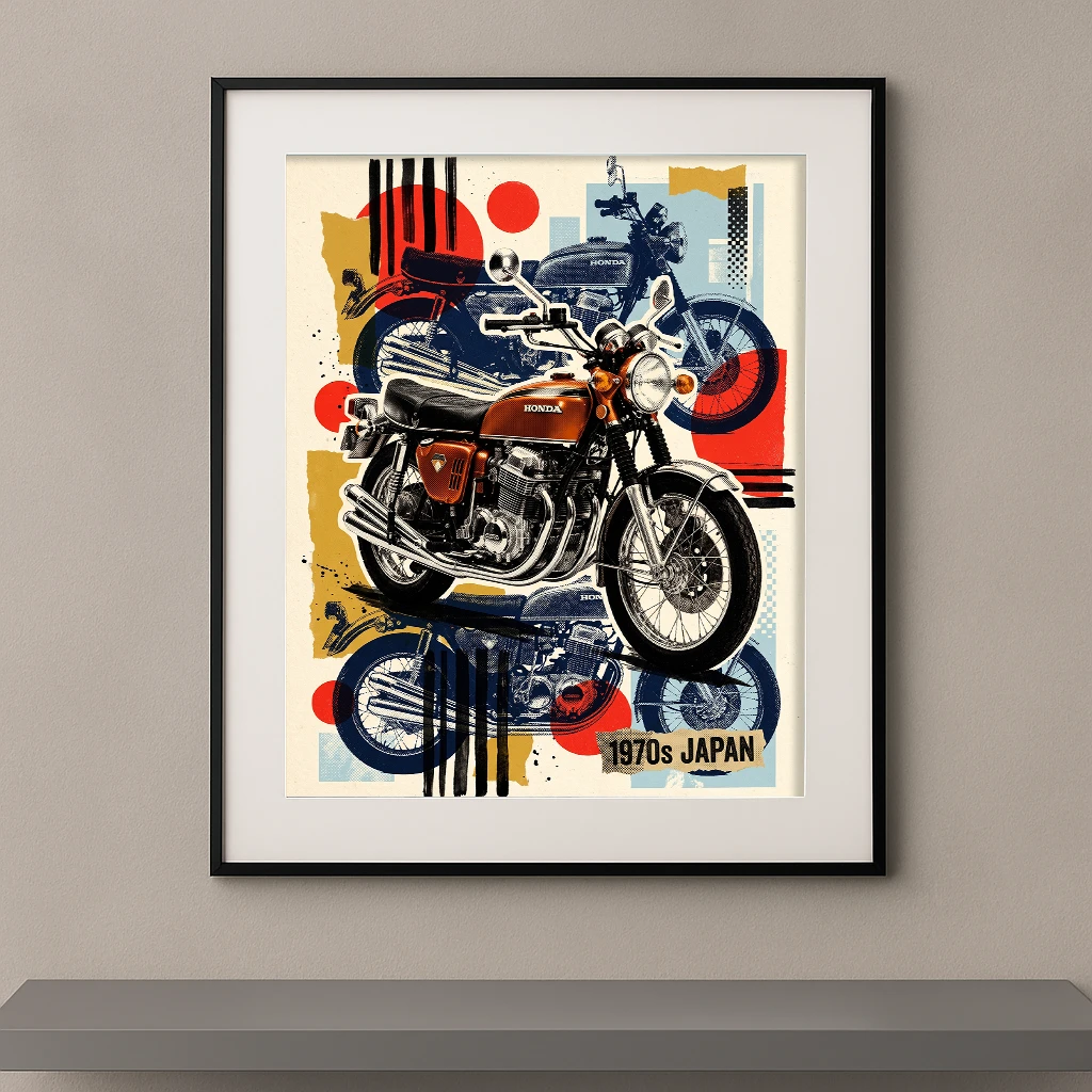 Tableau CB750 Héritage représentant une Honda CB750 vintage dans une composition pop art inspirée des affiches japonaises des années 1970.