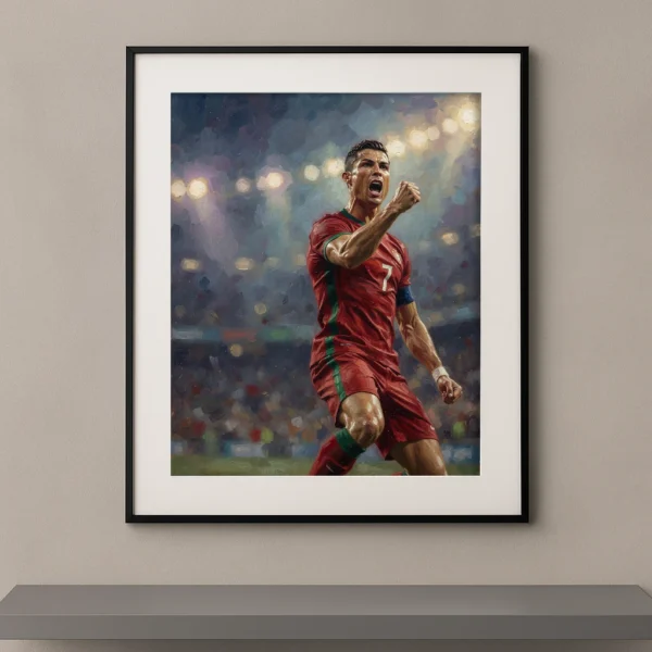 Tableau mural peinture à l'huile d'un footballeur en pleine célébration de but en maillot rouge et vert