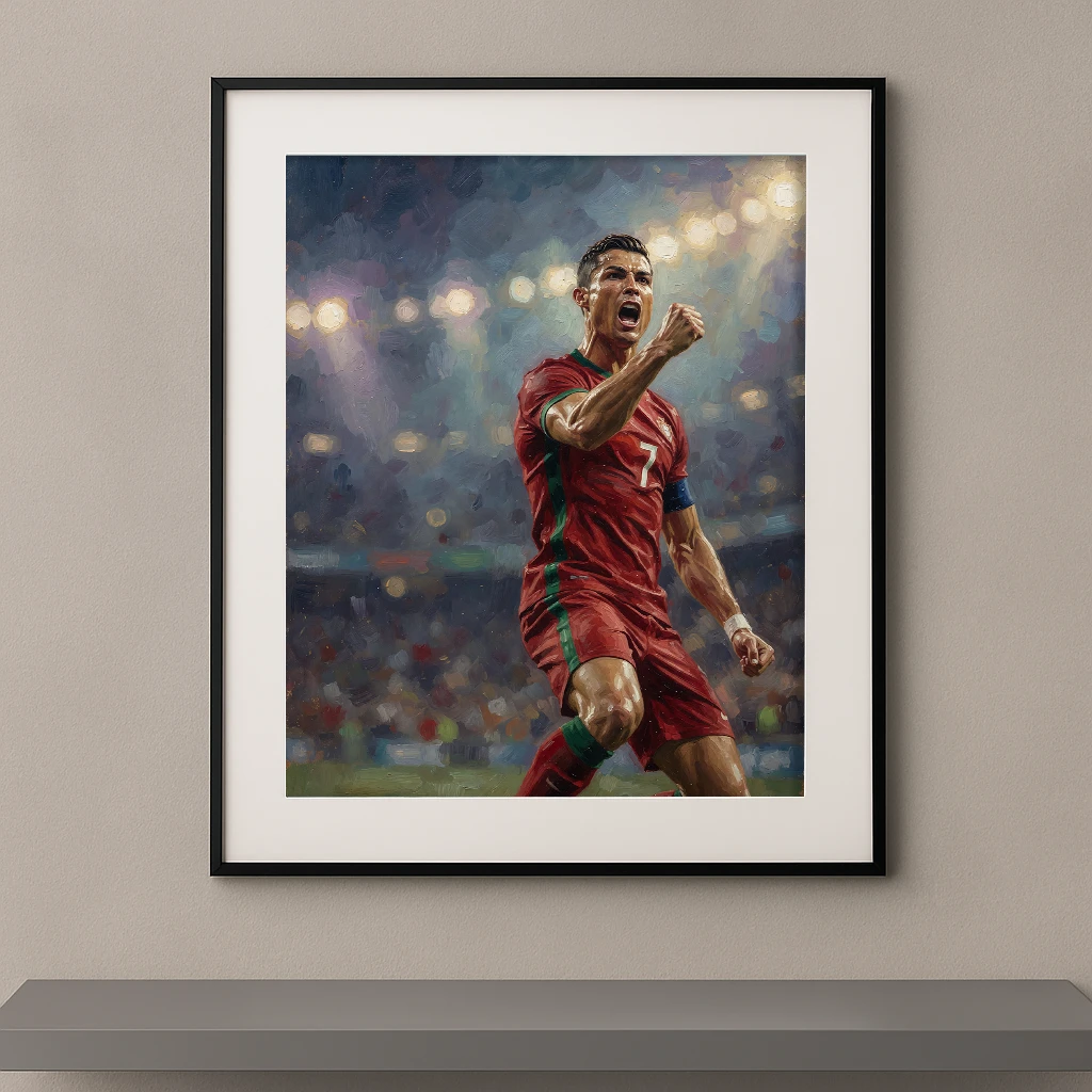 Tableau mural peinture à l'huile d'un footballeur en pleine célébration de but en maillot rouge et vert