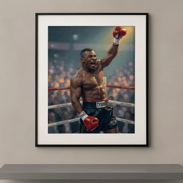 Tableau mural peinture à l'huile d'un champion de boxe poids lourd en plein cri de victoire