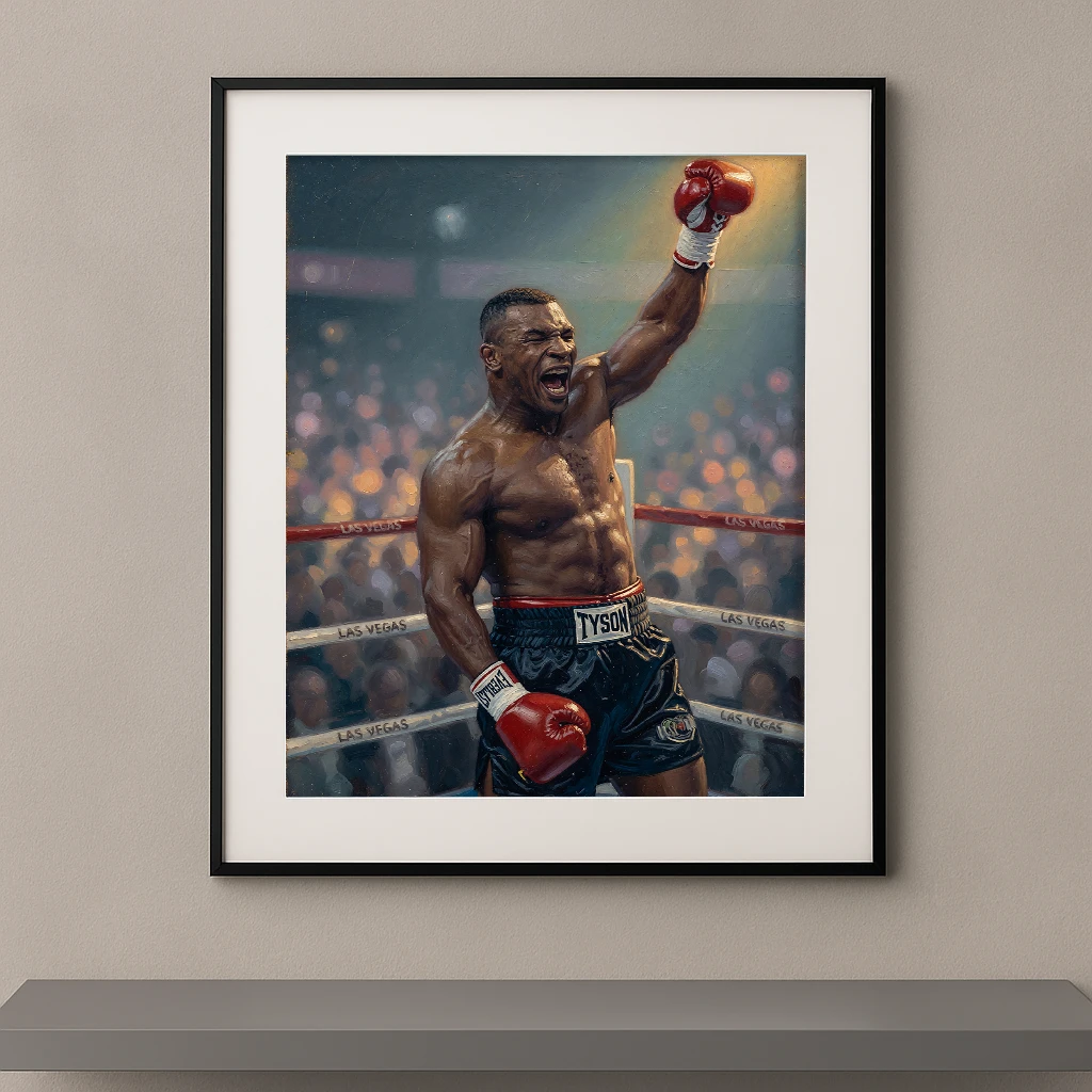 Tableau mural peinture à l'huile d'un champion de boxe poids lourd en plein cri de victoire