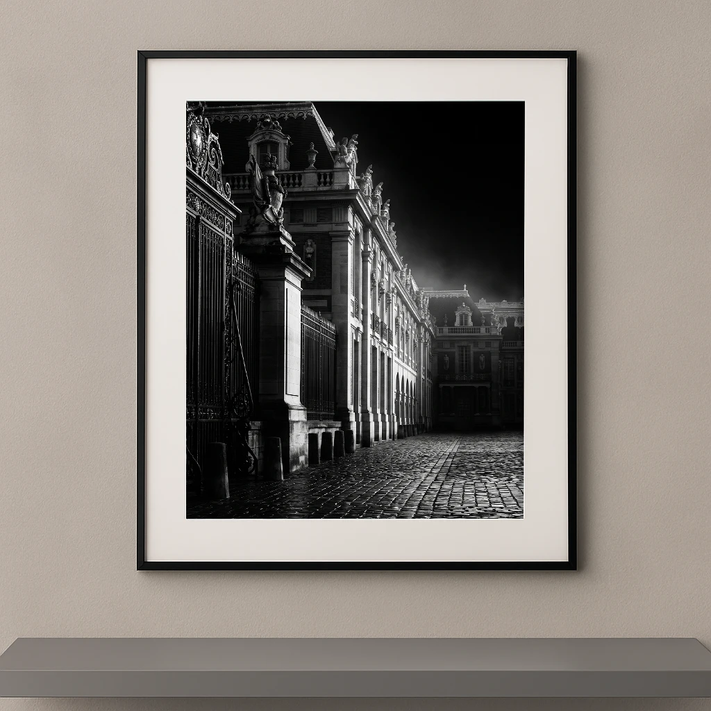 Tableau noir et blanc du château de Versailles et de sa cour pavée dans une atmosphère dramatique
