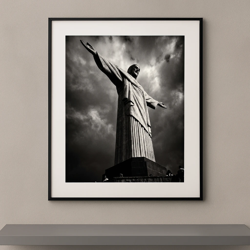 Tableau noir et blanc du Christ Rédempteur de Rio photographié en contre-plongée sous un ciel dramatique