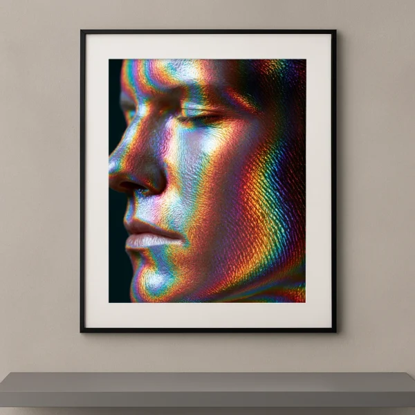 Tableau portrait féminin de profil dont la peau est entièrement recouverte de reflets holographiques multicolores