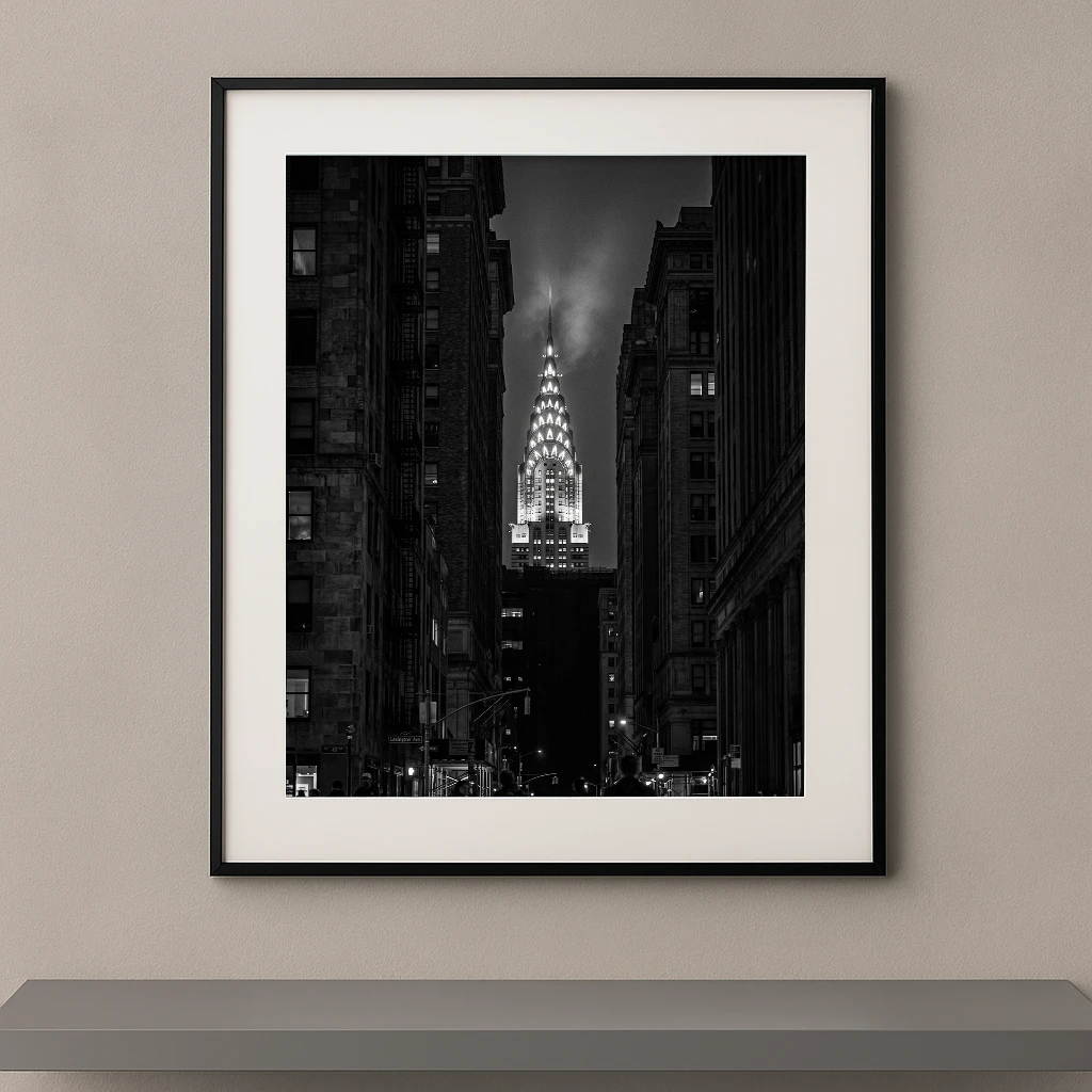 Tableau noir et blanc du Chrysler Building illuminé entre les immeubles de Manhattan