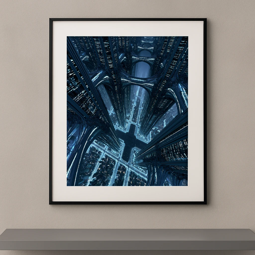 Cité Neurale, architecture futuriste verticale illuminée de lignes bleues
