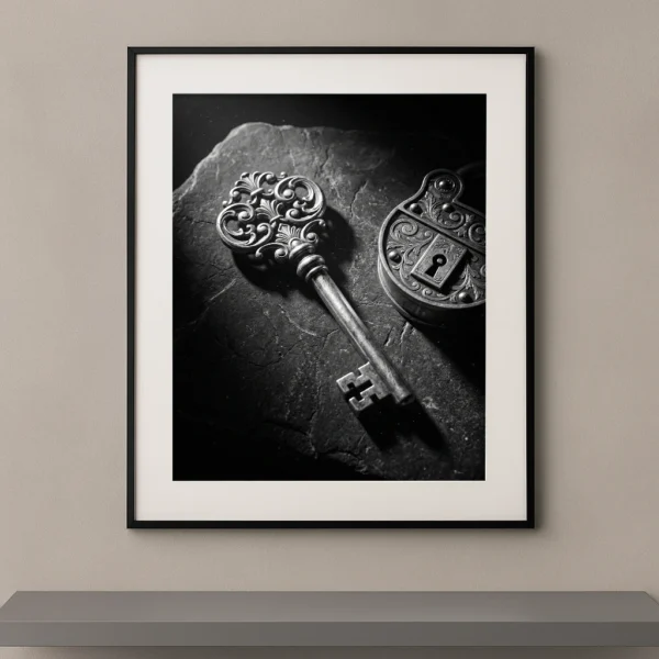 Tableau noir et blanc d'une clé ancienne ouvragée et d'un cadenas décoratif