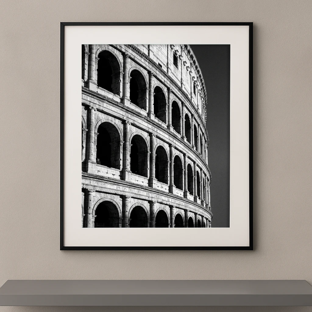 Tableau noir et blanc des arches monumentales du Colisée de Rome