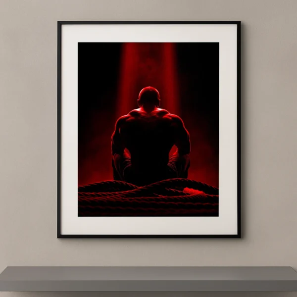 Tableau mural silhouette d'un athlète agenouillé face à des cordes ondulatoires sous une lumière rouge