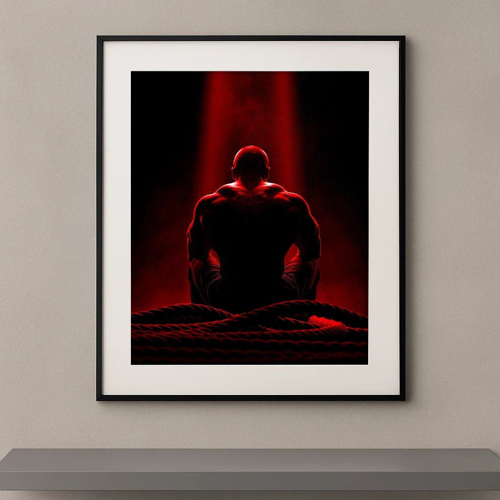 Tableau mural silhouette d'un athlète agenouillé face à des cordes ondulatoires sous une lumière rouge