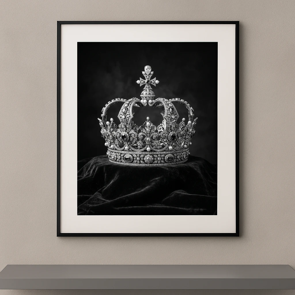 Tableau noir et blanc d'une couronne royale sertie de pierres précieuses sur velours noir