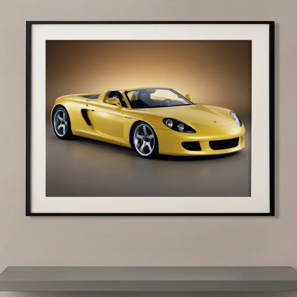 Tableau Porsche Carrera GT jaune doré sur fond monochrome minimaliste mettant en valeur les lignes emblématiques de cette supercar allemande.