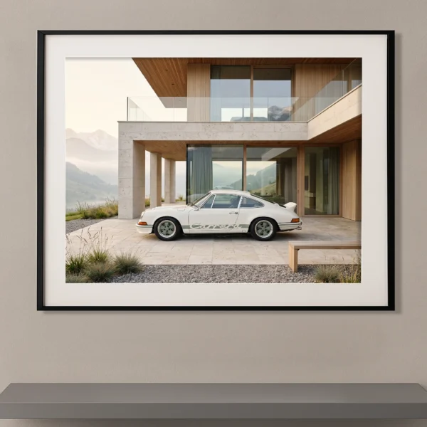 Porsche 911 Carrera RS blanche devant une villa contemporaine avec vue sur les montagnes, photographie Fine Art.