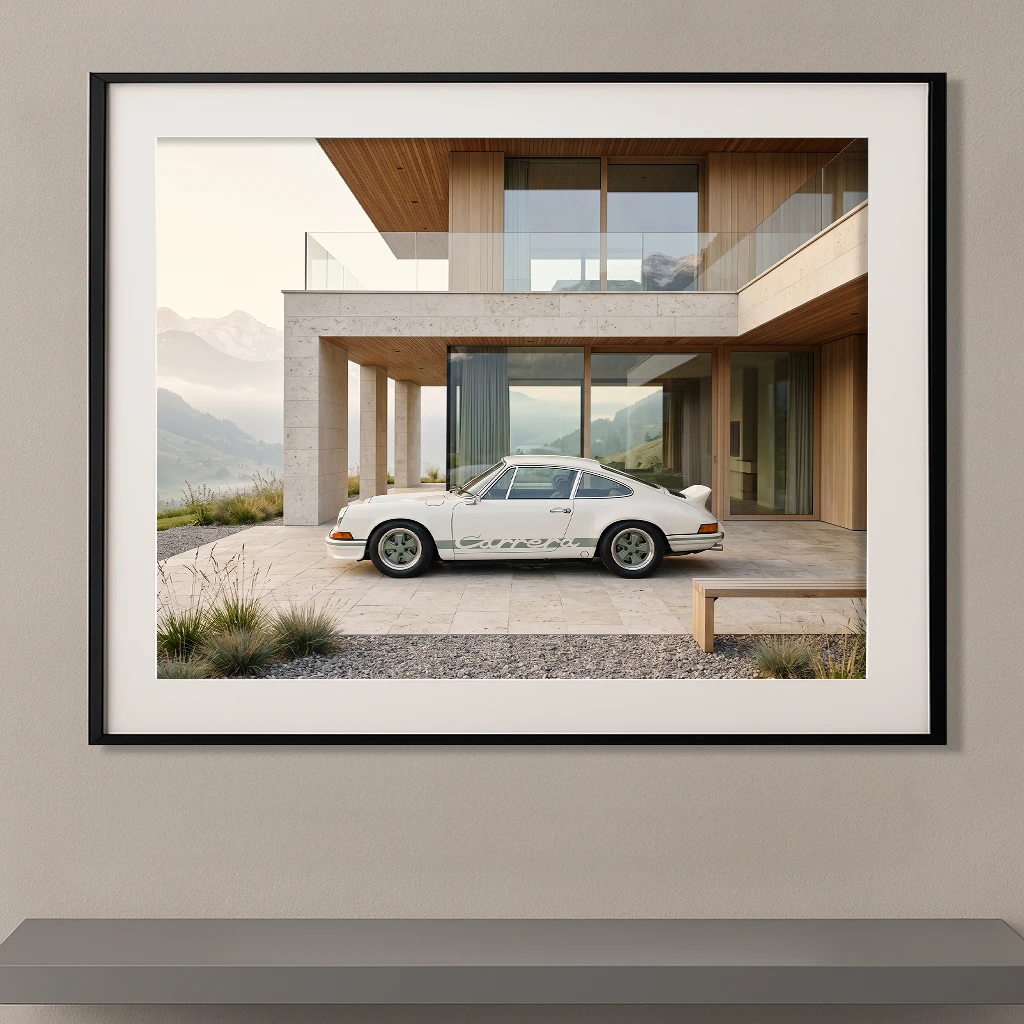 Porsche 911 Carrera RS blanche devant une villa contemporaine avec vue sur les montagnes, photographie Fine Art.
