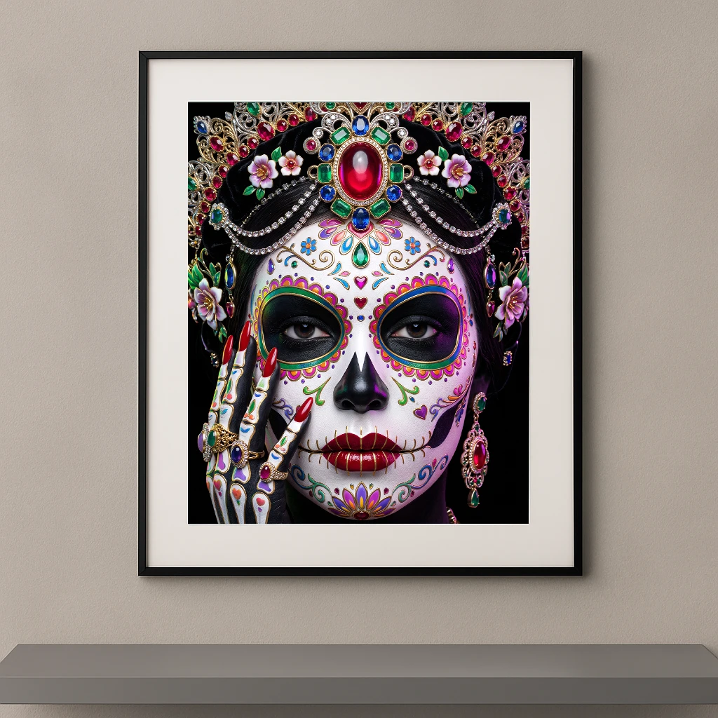 Portrait artistique d’une Catrina impériale inspirée du Día de los Muertos avec maquillage coloré, couronne ornée de pierres précieuses et bijoux luxueux sur fond noir.