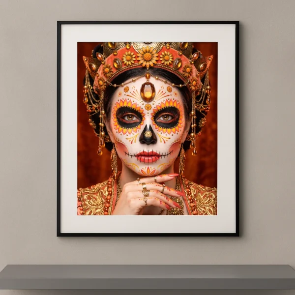 Portrait artistique d’une Catrina inspirée du Día de los Muertos avec couronne dorée, maquillage floral orange et or, bijoux précieux et fond aux teintes chaudes.