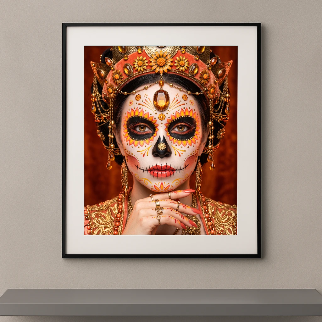Portrait artistique d’une Catrina inspirée du Día de los Muertos avec couronne dorée, maquillage floral orange et or, bijoux précieux et fond aux teintes chaudes.