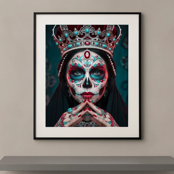 Portrait artistique d’une Catrina couronnée inspirée du Día de los Muertos, maquillage coloré, couronne sertie de pierres précieuses et bijoux luxueux sur fond sombre.