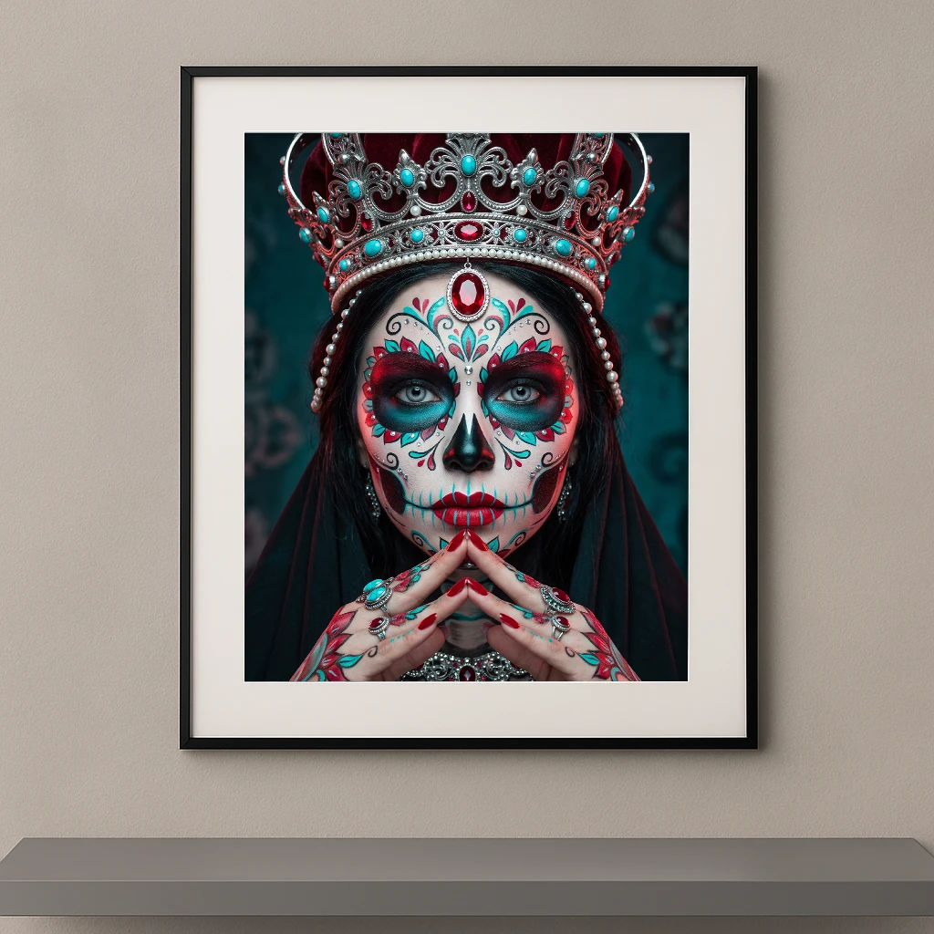 Portrait artistique d’une Catrina couronnée inspirée du Día de los Muertos, maquillage coloré, couronne sertie de pierres précieuses et bijoux luxueux sur fond sombre.