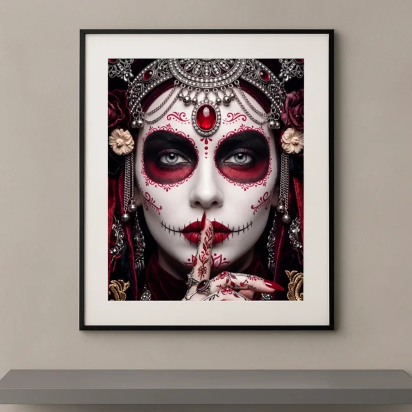 catrina, dia de los muertos, fête des morts mexique, portrait artistique, portrait féminin, maquillage artistique, sugar skull, crâne mexicain, art contemporain, décoration murale, portrait coloré, luxe, couronne, mystère, graphic avenue, édition limitée