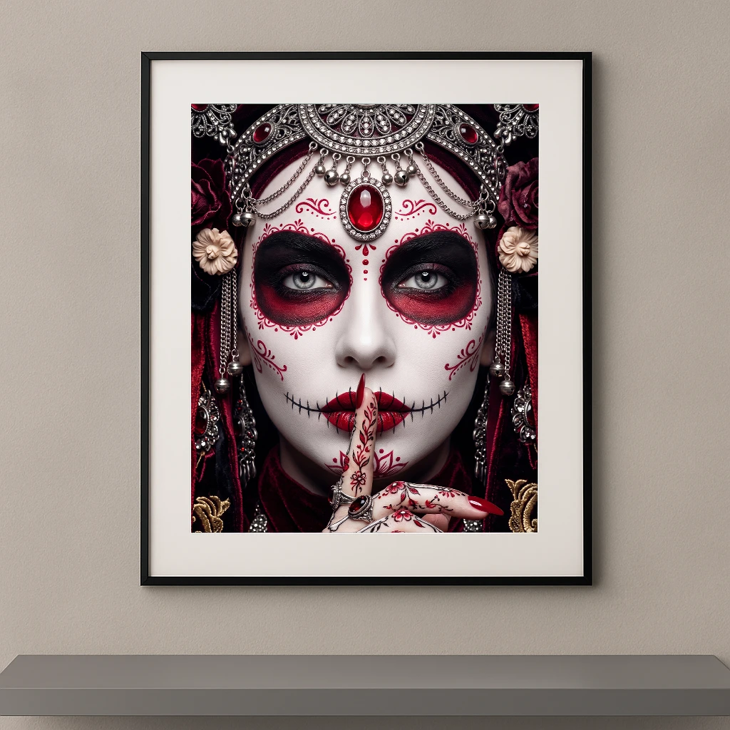 catrina, dia de los muertos, fête des morts mexique, portrait artistique, portrait féminin, maquillage artistique, sugar skull, crâne mexicain, art contemporain, décoration murale, portrait coloré, luxe, couronne, mystère, graphic avenue, édition limitée