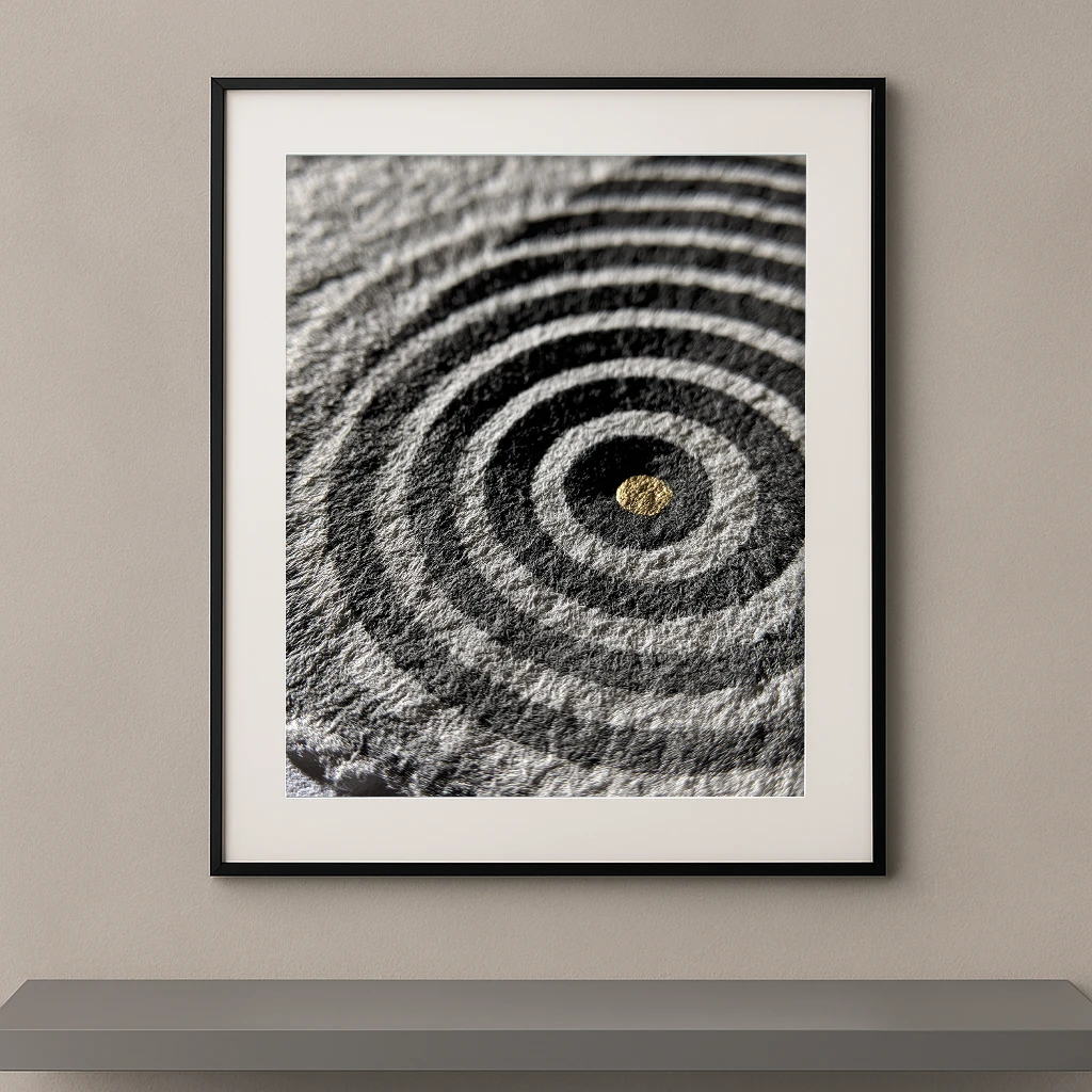 Tableau zen Centre Intérieur représentant des cercles concentriques dessinés dans le sable autour d'un point doré, inspiré des jardins japonais et de la méditation.