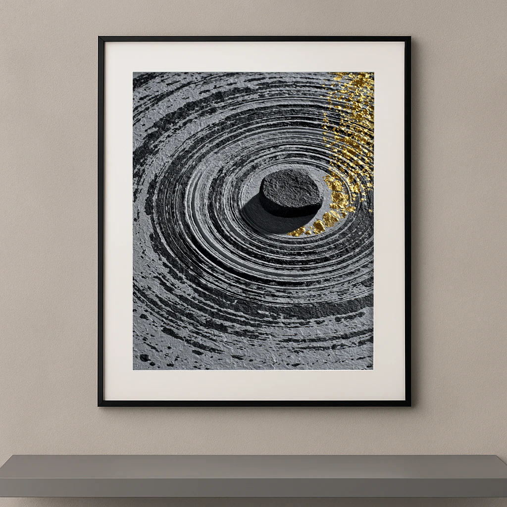 Tableau zen contemporain représentant une pierre noire au centre de cercles concentriques gravés dans une matière minérale avec des éclats d'or inspirés des jardins japonais.