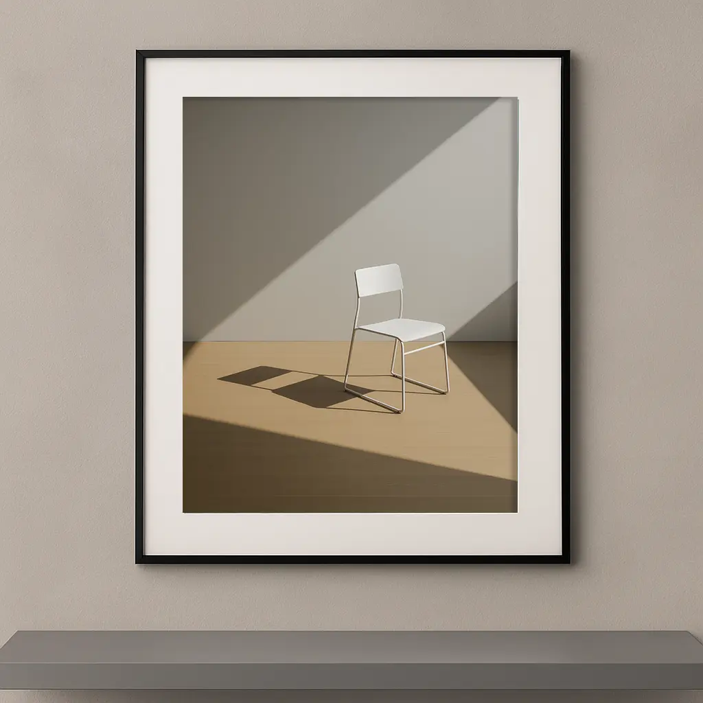 Tableau minimaliste représentant une chaise blanche éclairée par une lumière architecturale créant de longues ombres graphiques.