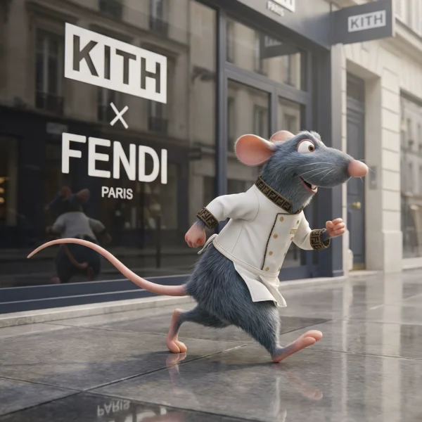 Chef Mouse – Couture Run, souris chef pop luxe devant une boutique de mode parisienne, art mural premium