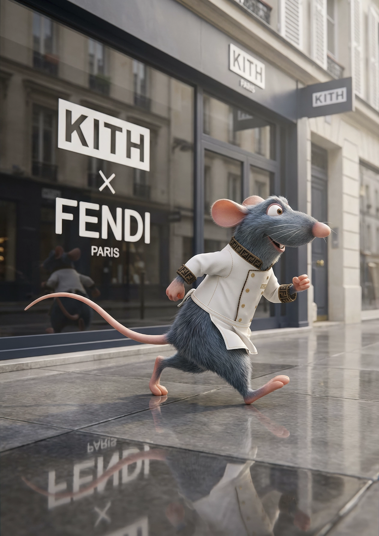 Chef Mouse – Couture Run, souris chef pop luxe devant une boutique de mode parisienne, art mural premium
