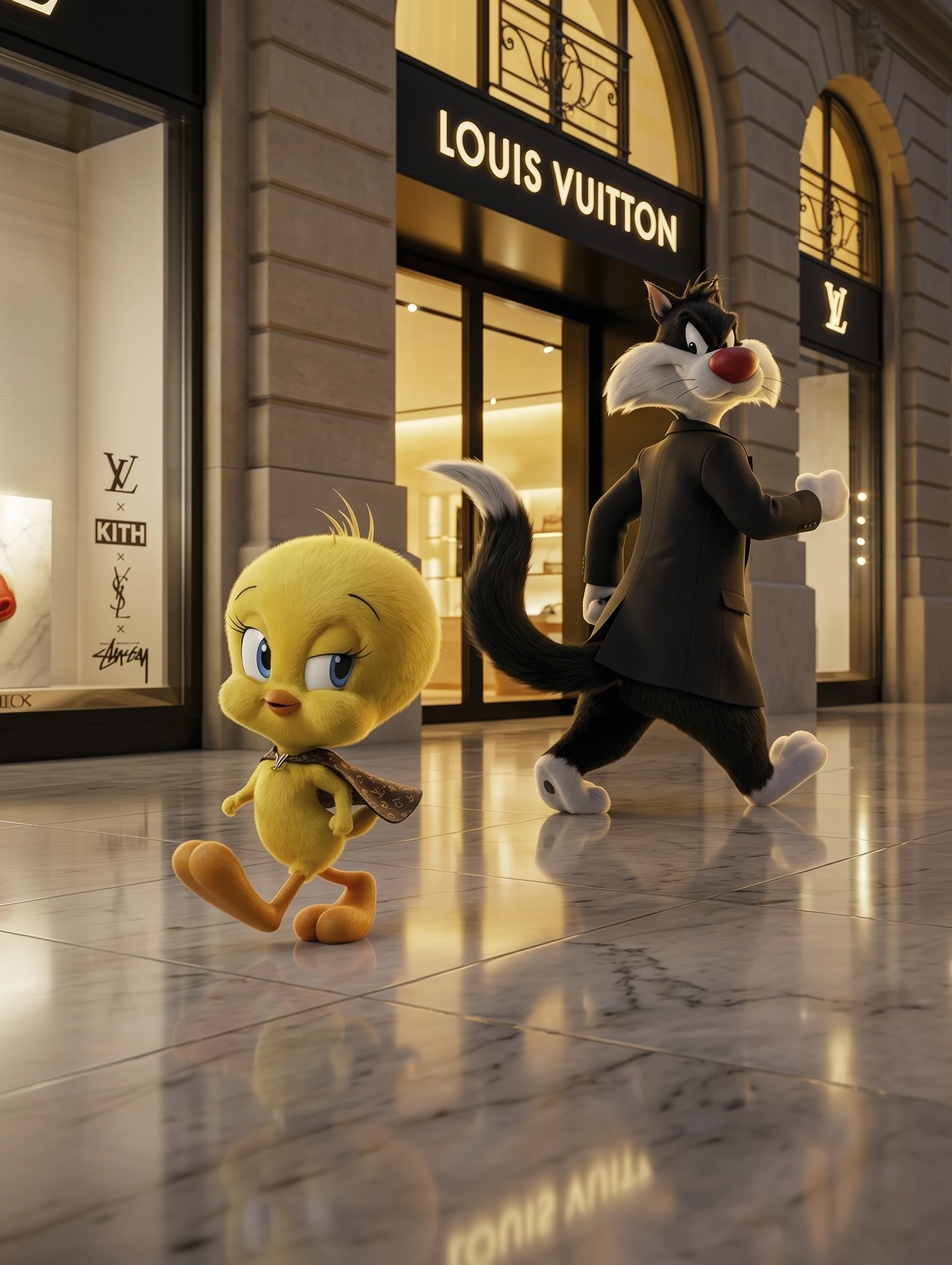 Chic Toon Duo – Luxury Gallery, duo cartoon dans une galerie de mode parisienne, art mural premium