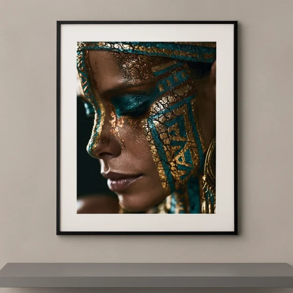 Portrait artistique de profil inspiré de Cléopâtre avec maquillage graphique en feuilles d'or craquelées et pigments turquoise.