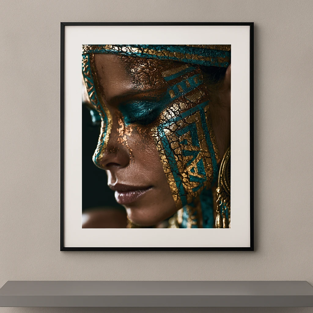 Portrait artistique de profil inspiré de Cléopâtre avec maquillage graphique en feuilles d'or craquelées et pigments turquoise.