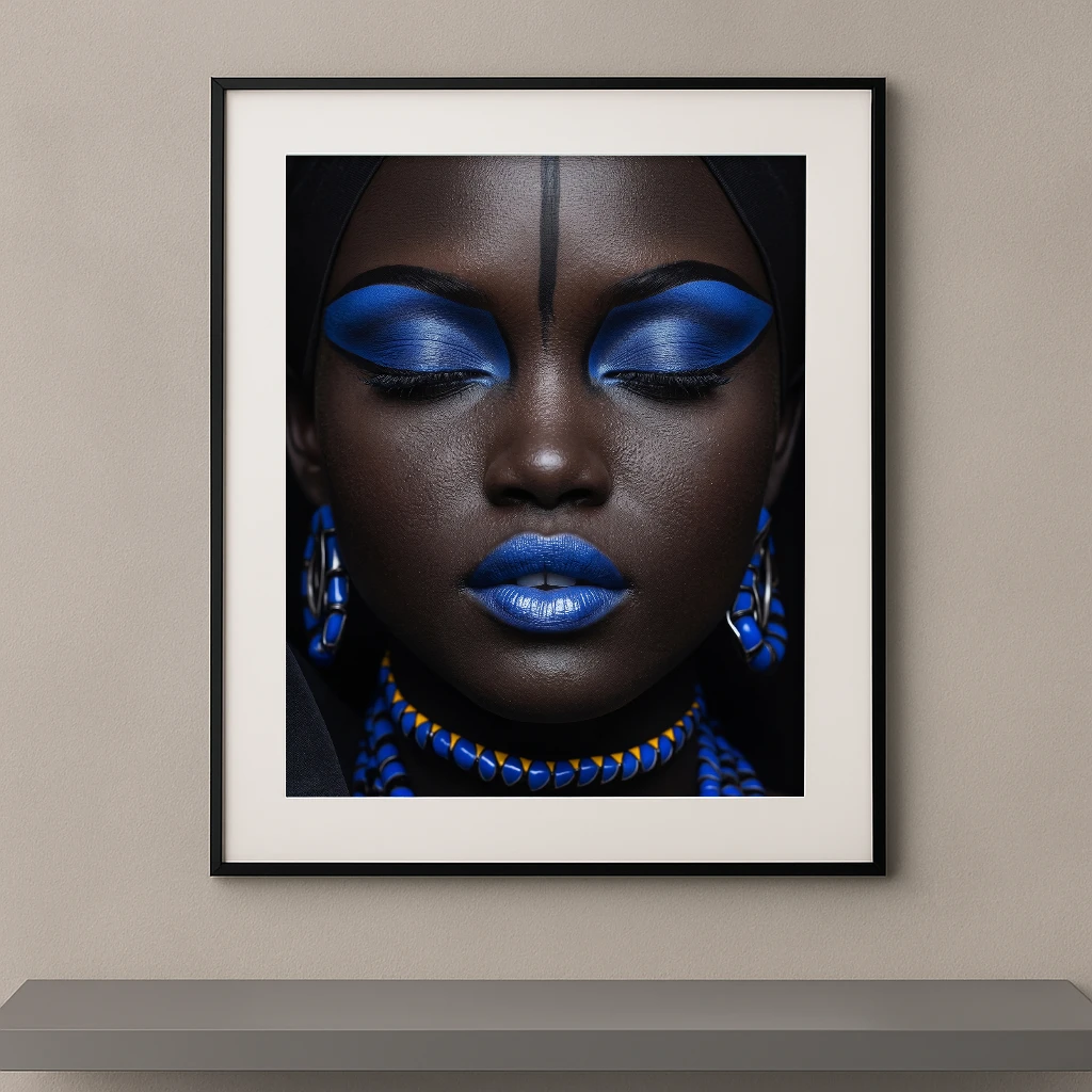 Portrait artistique de beauté ethnique avec maquillage bleu cobalt, yeux fermés, lèvres bleues et bijoux assortis sur fond noir.