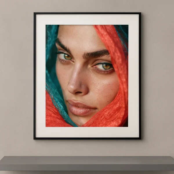 Portrait artistique d'un regard doré entouré de voiles corail et turquoise dans un style photographique Fine Art contemporain.